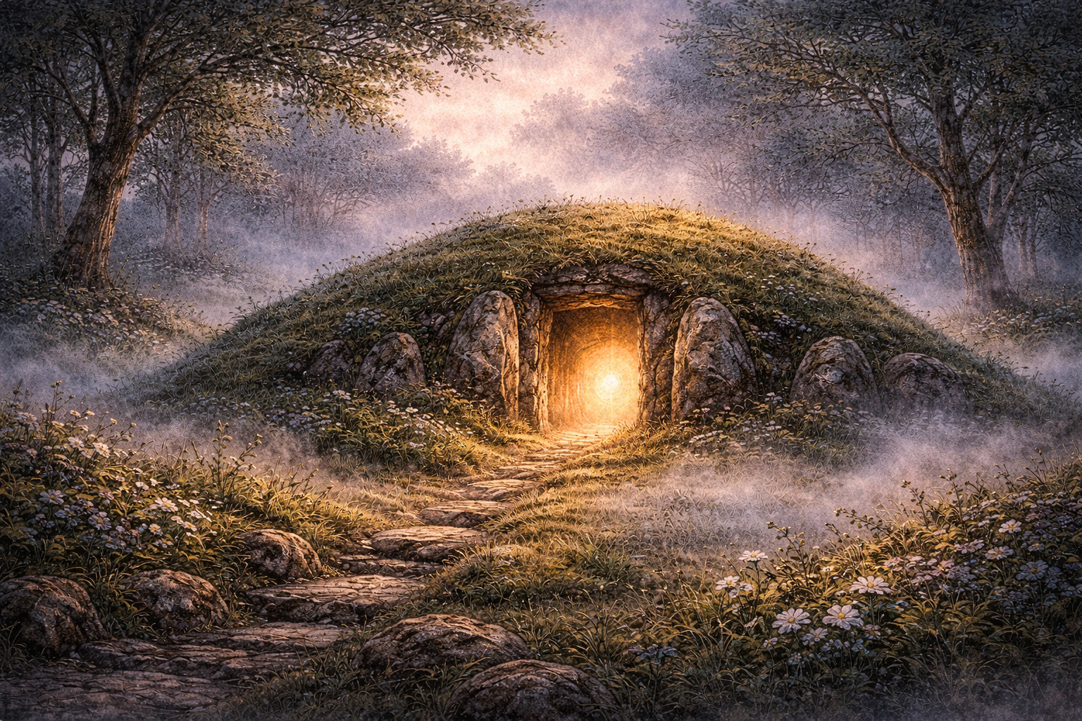 Ilustración de un Sídhe, túmulo celta o colina sagrada celta 