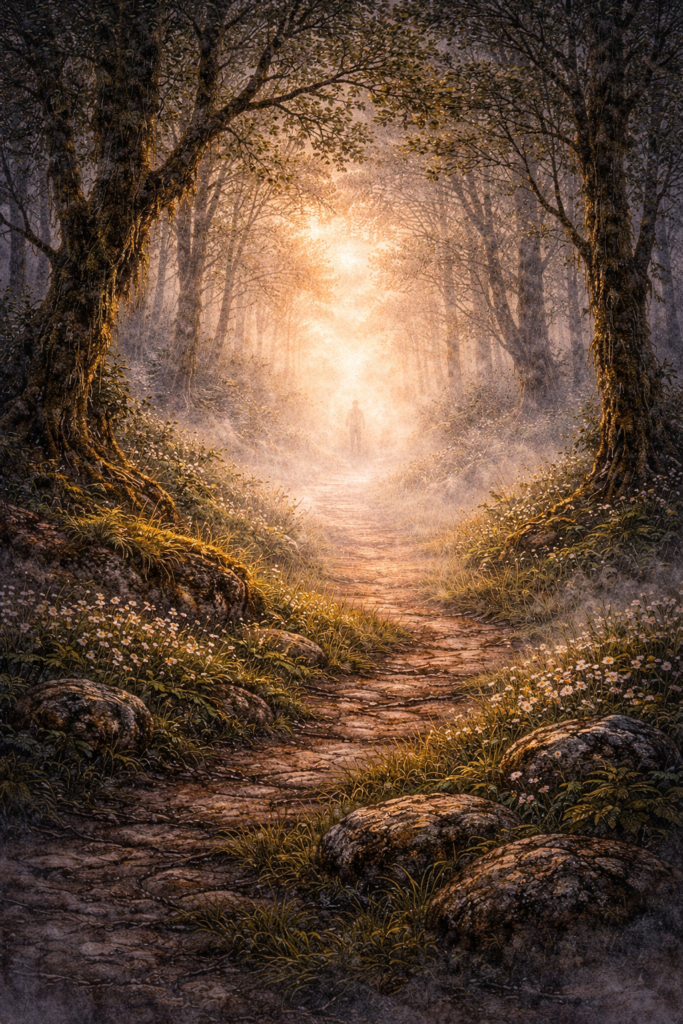 Camino en bosque envuelto en niebla, paisaje liminal asociado al Otro Mundo celta