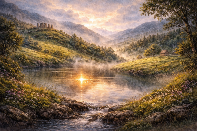 paisaje celta con lago y montañas representando el mundo visible.