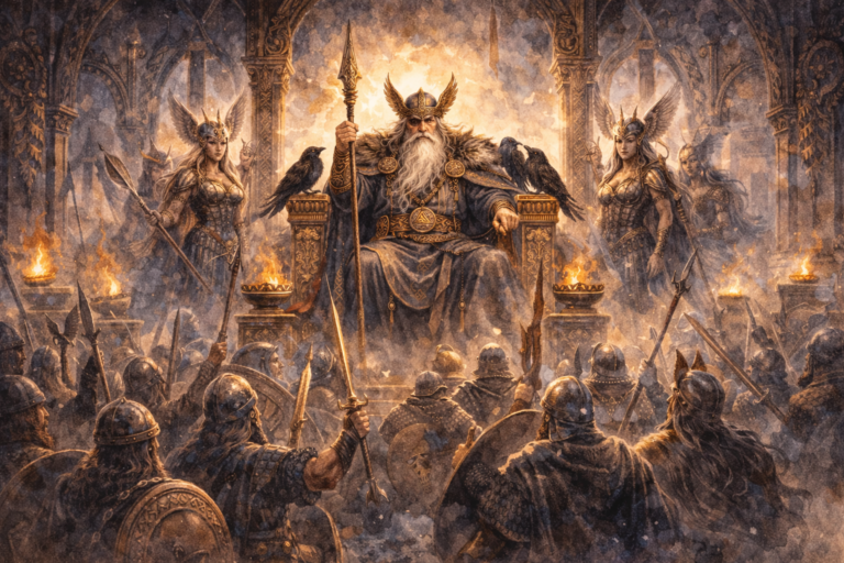 Odín en el Valhalla junto a las valquirias y los guerreros