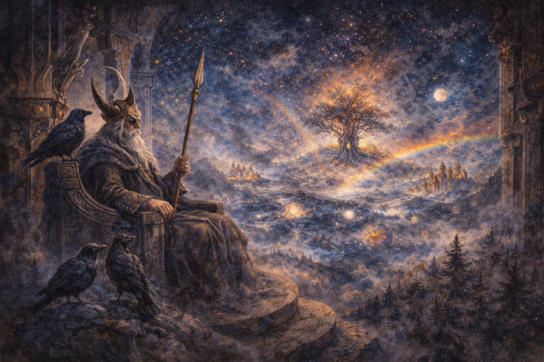 Odín observando los Nueve Mundos desde su trono con los cuervos Huginn y Muninn