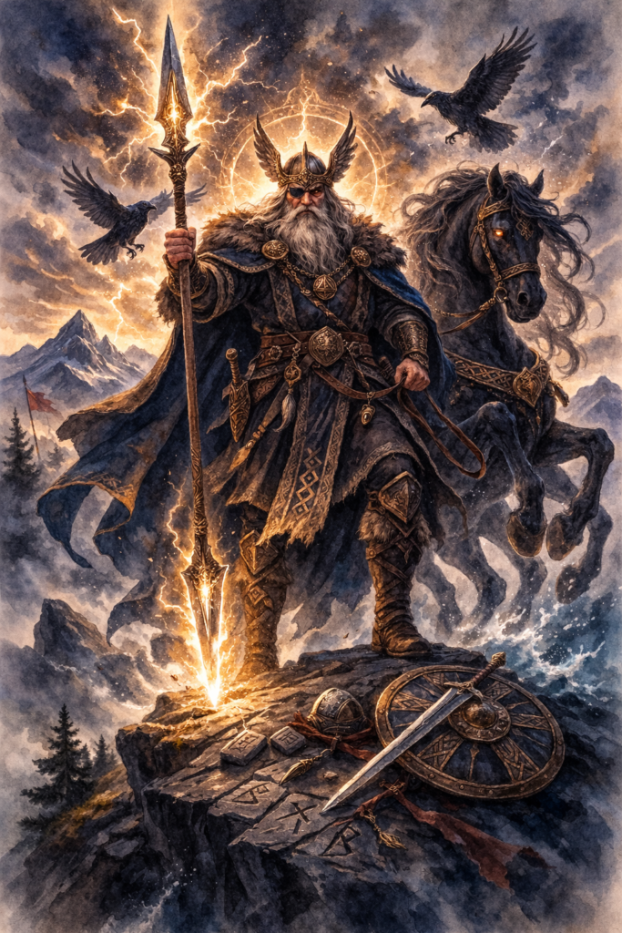 Odín con su lanza Gungnir y sus cuervos en la mitología nórdica