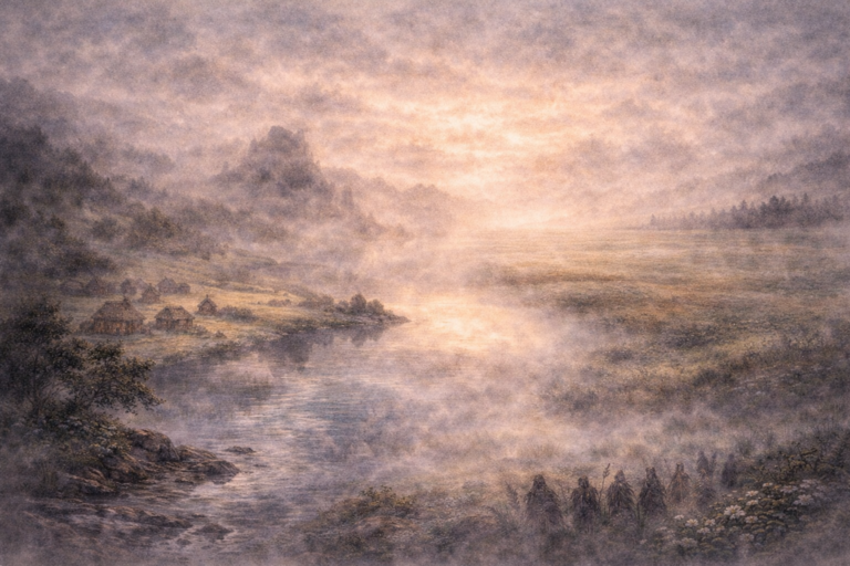 Ilustración de un paisaje con niebla en la mitología celta 