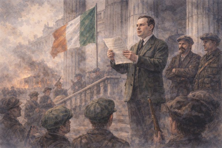 Patrick Pearse leyendo la proclamación de la república irlandesa en el GPO