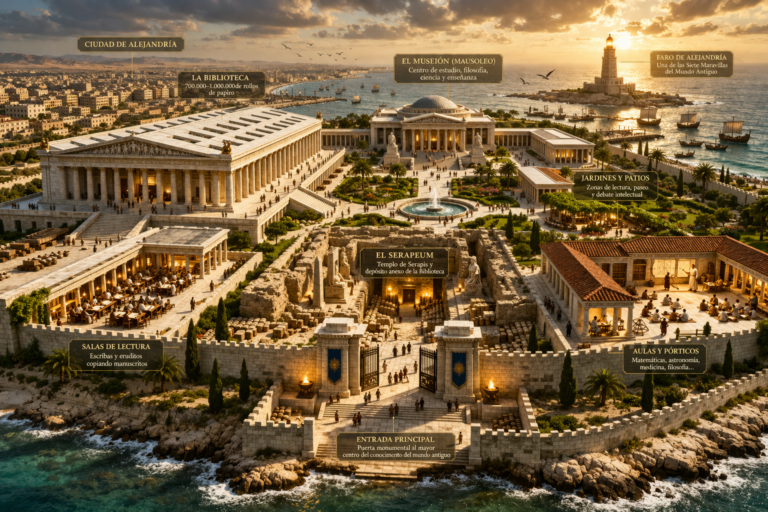 Reconstrucción conceptual del mayor centro  del conocimiento de la Antigüedad en Alejandría: Biblioteca, Mouseion, Serapeum, jardines y pórticos, y el Faro de Alejandría