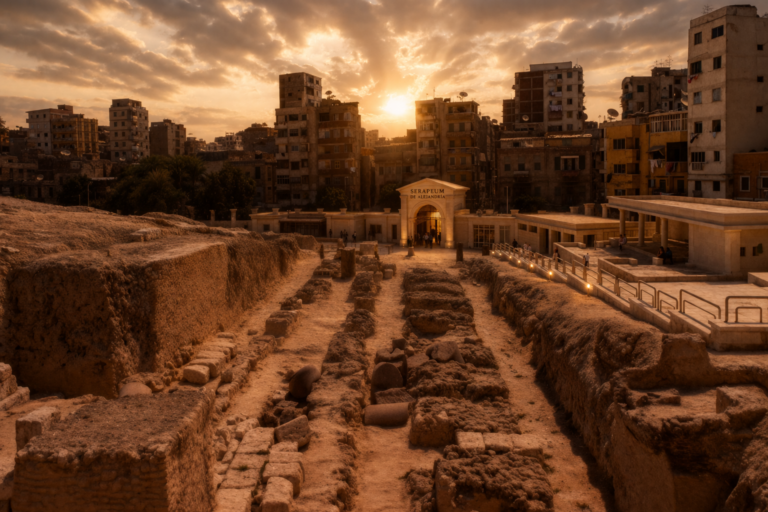 Ruinas del Serapeum de Alejandría, antiguo centro de conocimiento vinculado a la Biblioteca de Alejandría