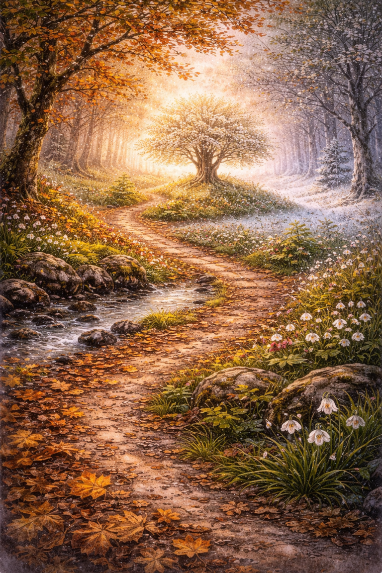 camino en bosque celta como símbolo del tiempo cíclico.