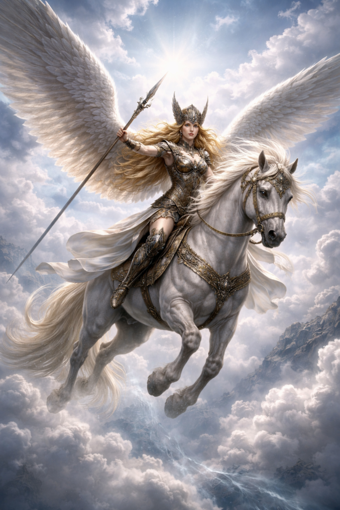 Valquiria alada montando un caballo blanco en el cielo en la mitología nórdica
