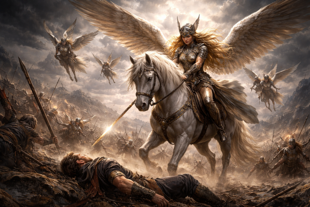 Valquiria guerrera eligiendo a los guerreros caídos en el campo de batalla nórdico