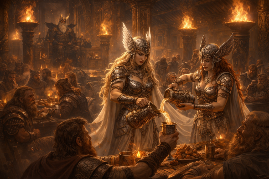 Valquirias sirviendo en el Valhalla a los guerreros caídos en la mitología nórdica