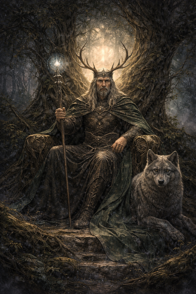 Rey del Otro Mundo celta junto a un lobo, representación de Annwn en la mitología celta