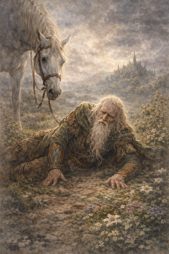 El regreso de Oisin de Tïr na nÓg, cayendo del caballo y convirtiéndose en anciano al instante