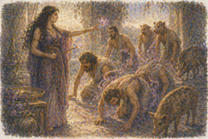 Circe transformando a los hombres de Odiseo en animales en un entorno mágico, simbolizando la tentación y la transformación