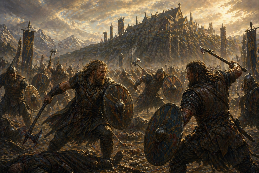Guerreros einherjar luchando entre ellos en un campo abierto como parte de su entrenamiento eterno en Valhalla