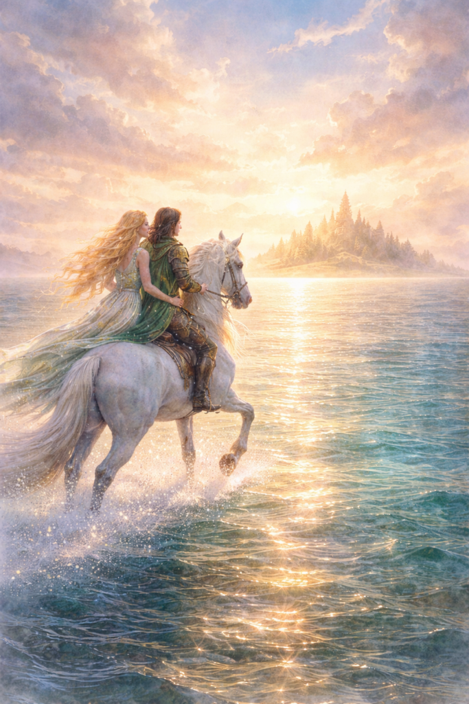 Representación del viaje a Tír na nÓg de Niamh y Oisín en la mitología celta