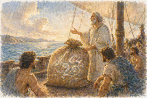 Eolo entregando a Odiseo el saco de los vientos en un barco tranquilo, simbolizando el control del destino