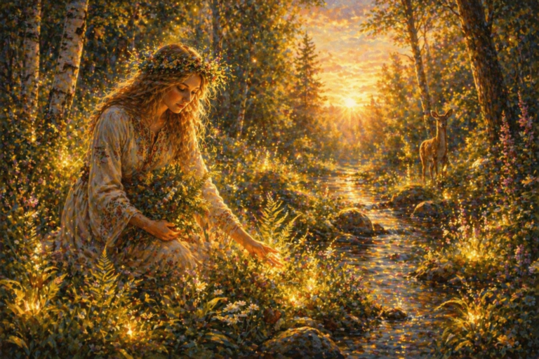 Mujer recogiendo plantas en el bosque durante la noche mágica de Iván Kupala