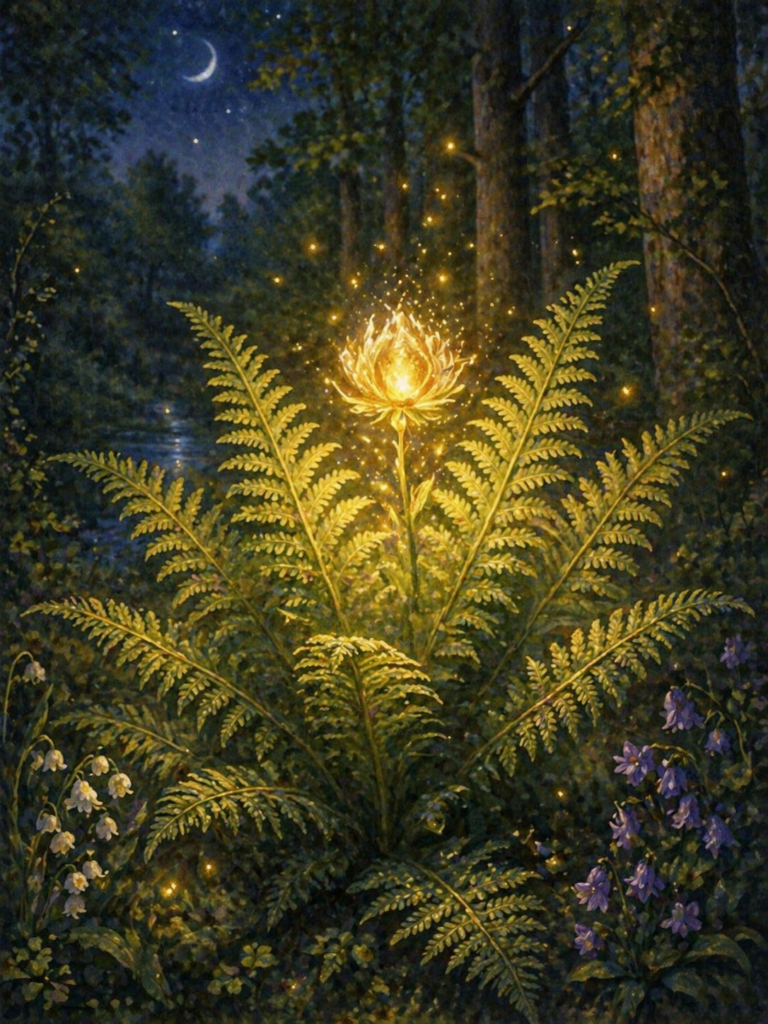 Flore del helecho luminosa en el bosque, leyenda mágica de la noche de Iván Kupala