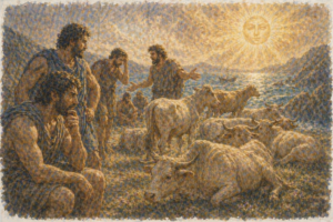 Hombres de Odiseo contemplando el ganado sagrado de Helios bajo el sol, representando la desobediencia y la decisión fatal