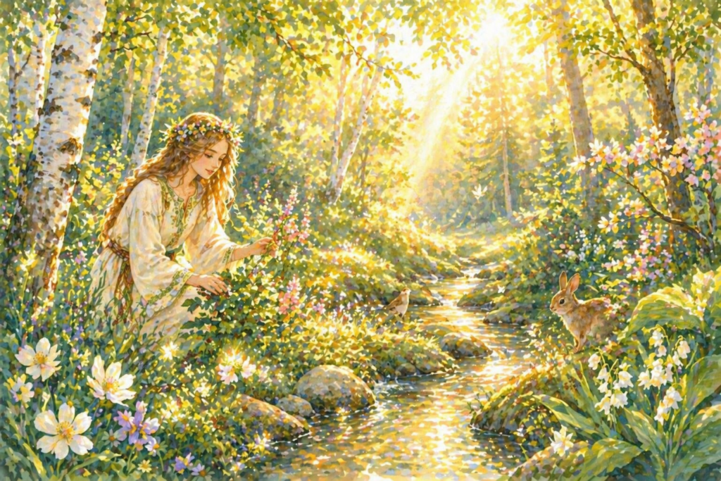 Bosque mágico durante el solsticio de verano asociado a la noche de Iván Kupala