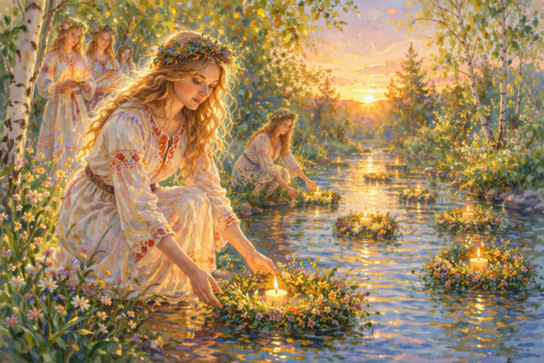 Coronas de flores flotando en el agua durante la celebración de Iván Kupala