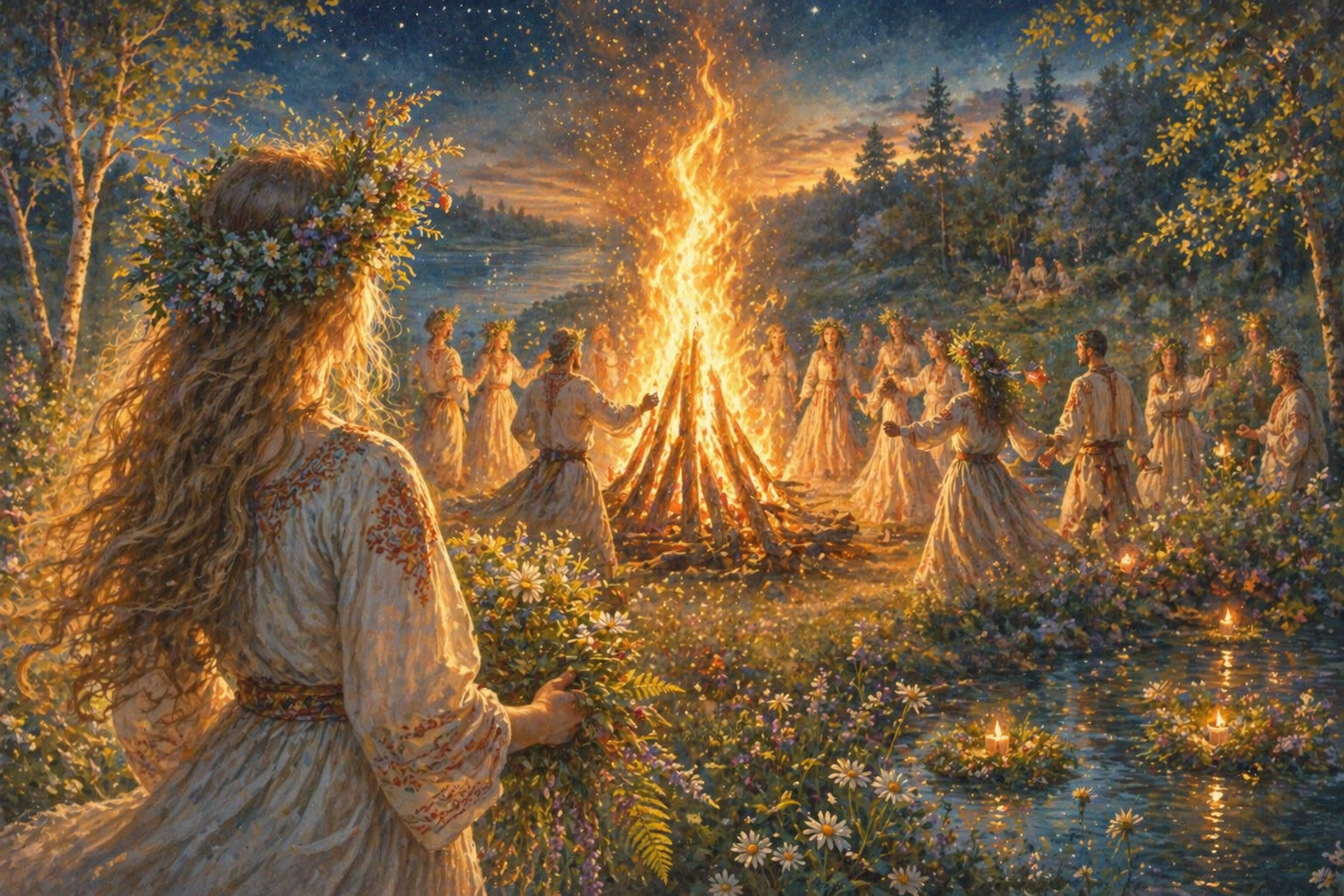 Ritual de Iván Kupala con hoguera y círculo de personas durante el solsticio de verano