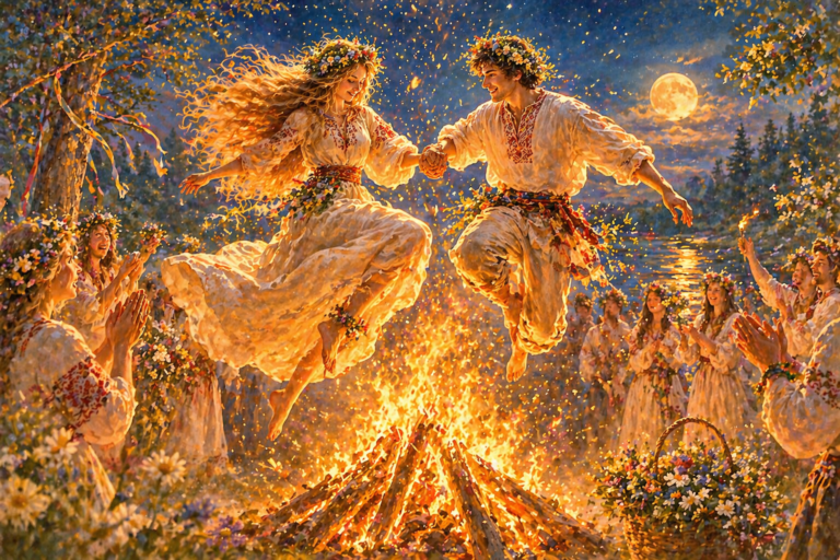 Pareja saltando sobre el fuego en la noche de Iván Kupala, ritual del solsticio de verano