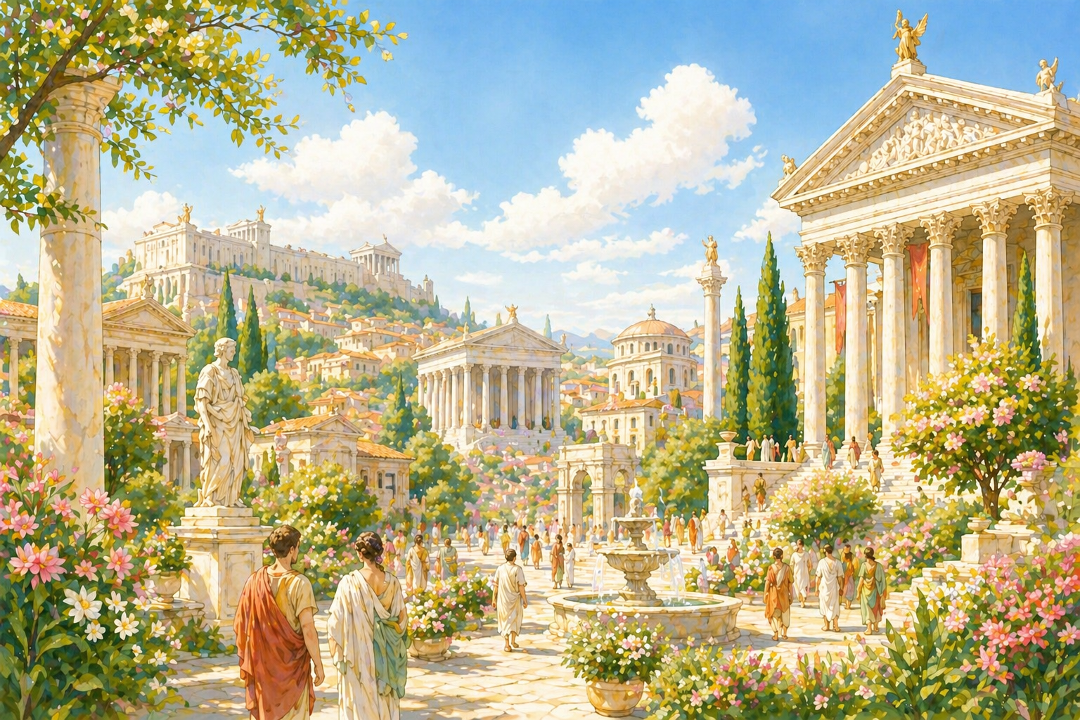 Julio en la Antigua Roma con templos y edificios clásicos durante el verano