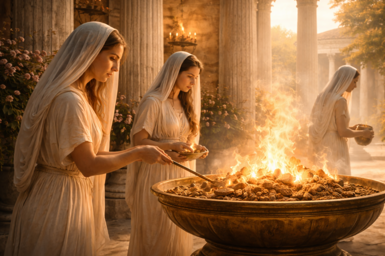 Las Vestales en su templo custodiando el fuego sagrado de Roma
