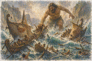 Gigantes lesstrigones destruyendo barcos en el mar en una escena caótica, representando la pérdida y la destrucción