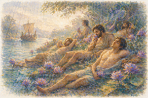 Hombres descansando entre flores de loto en un ambiente onírico, representando el olvido y la pérdida del propósito