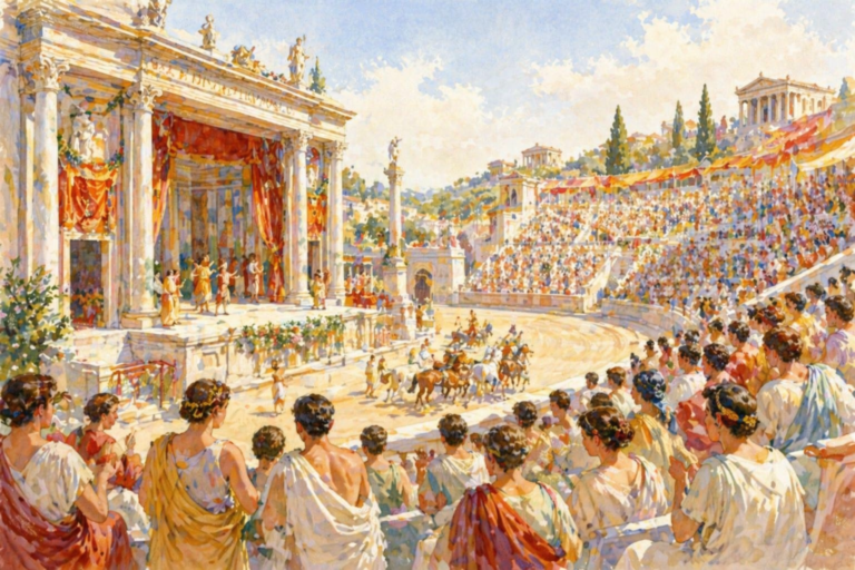 Espectáculo público en la antigua Roma con multitud asistiendo a juegos y representaciones