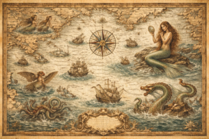 Ilustración de un mapa en la Antigüedad representando los peligros del mar con sirenas