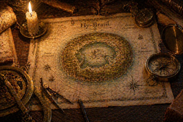 Mapa medieval sobre mesa con la isla circular de Hy-Brasil dibujada junto a instrumentos de navegación