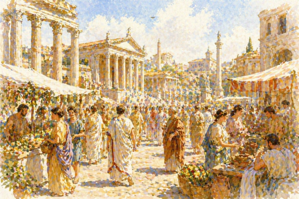 Mercado en la antigua Roma con ciudadanos comprando y vendiendo en el foro