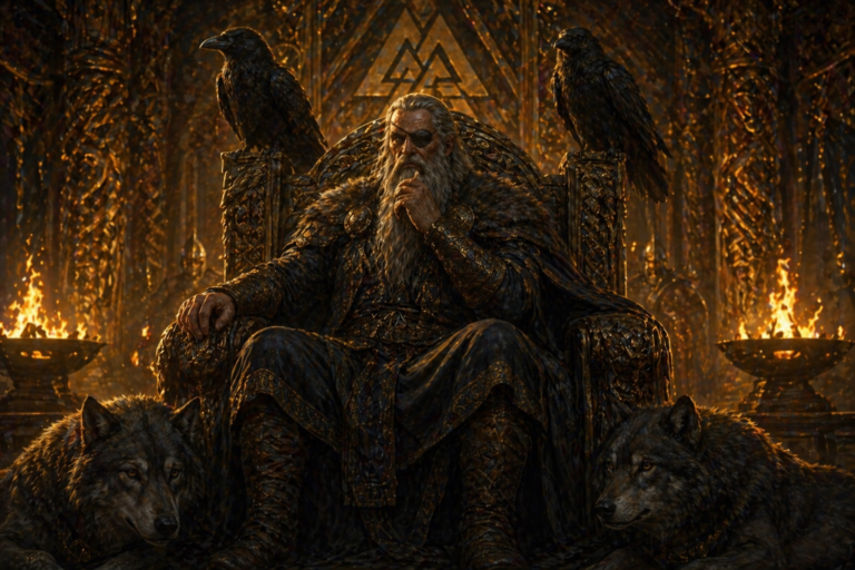 Odín sentado en su trono en Valhalla acompañado por sus cuervos y lobos observando en silencio