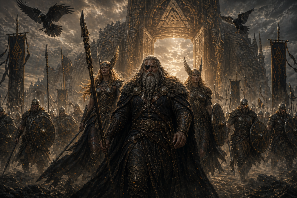 Ejército de Valhalla saliendo por grandes puertas hacia el Ragnarök bajo un cielo oscuro y amenazante
