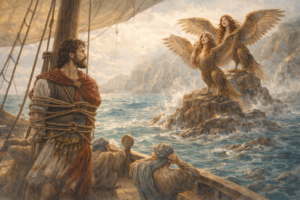 Odiseo atado al mástil de su barco mientras escucha el canto de las sirenas sobre rocas en el mar, simbolizando la tentación del conocimiento