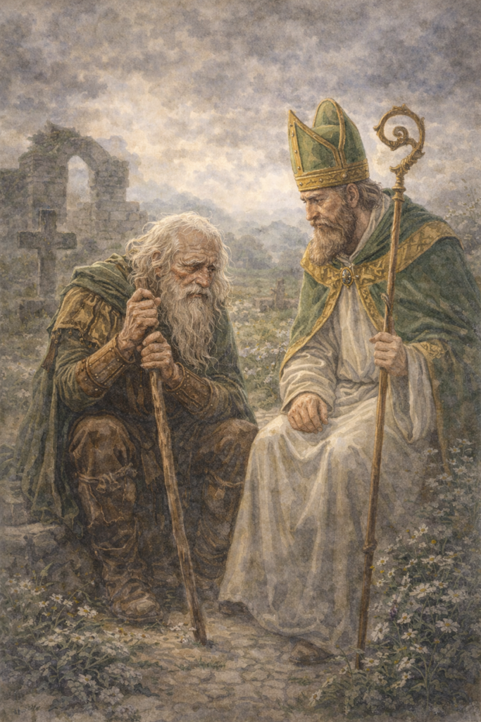 Representación de Oisín junto a San Patricio donde le relata sus aventuras en Tïr na nÓg en la mitología celta