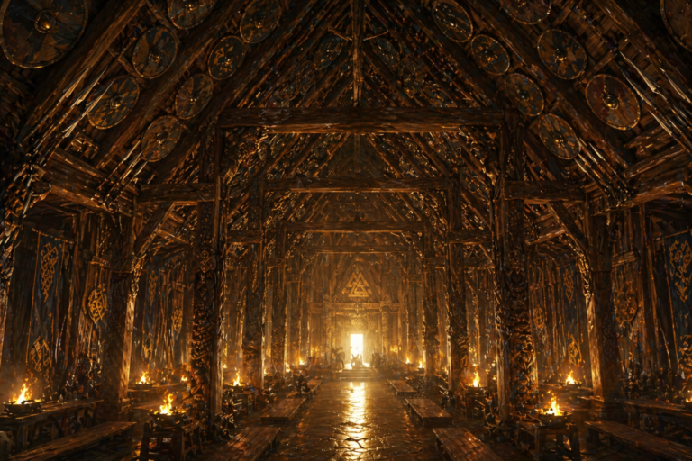 Interior de Valhalla con techo de escudos y vigas de lanzas, gran salón nórdico lleno de guerreros