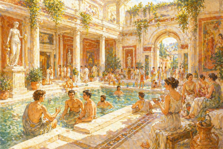 Termas romanas con personas bañándose y socializando durante el verano