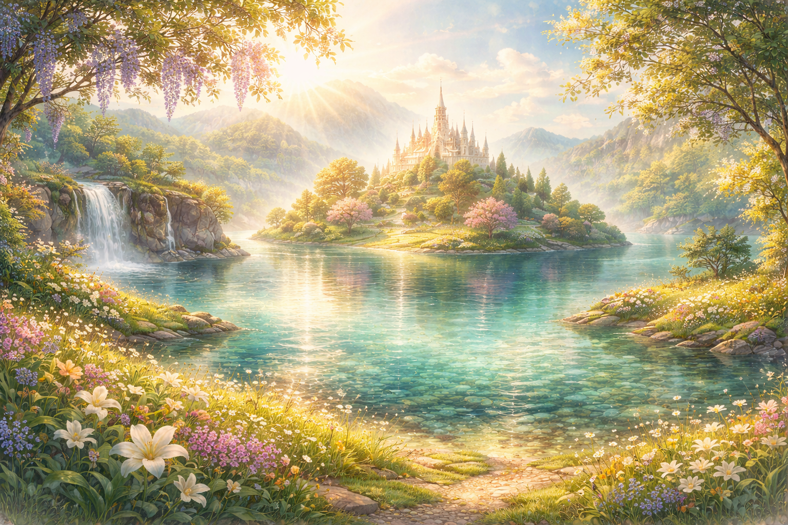 Paisaje luminoso de Tí na nÓg con naturaleza exuberante y agua cristalina, representando la tierra de la eterna juventud en la mitología celta