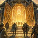 Valhalla con sus puertas abiertas y luz dorada interior, guerreros entrando al gran salón de Odín bajo un cielo oscuro