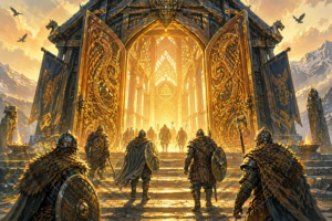 Valhalla con sus puertas abiertas y luz dorada interior, guerreros entrando al gran salón de Odín bajo un cielo oscuro