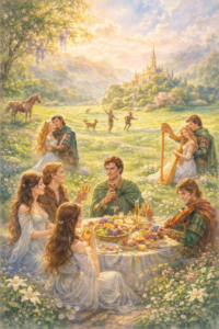 Representación de la vida en Tír na nÓg, un lugar de belleza, mñusica y banquetes en la mitología celta