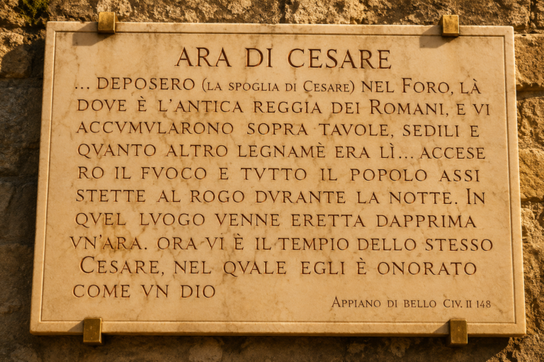 Inscripción que señala el lugar asociado a la cremación y memoria de Julio César en el Foro Romano