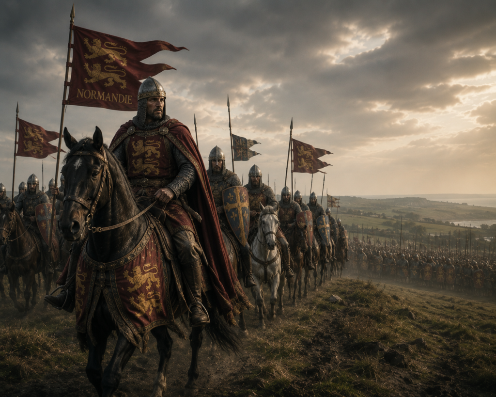 Caballería normando avanzando durante la conquista de Inglaterra por Guillermo el Conquistador