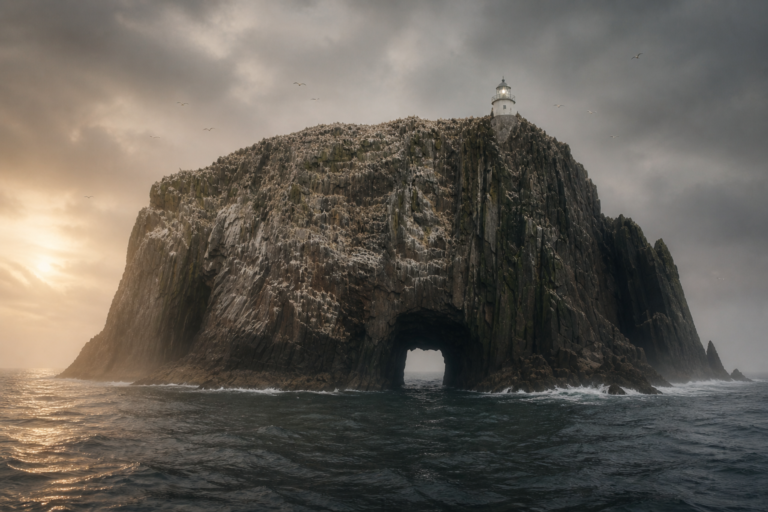 Faro sobre la isla de Bull Rock en el Atlántico con acantilados escarpados y ambiente simbólico asociado a Tech Duinn