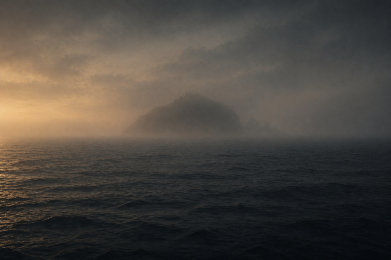 Silueta de isla misteriosa apenas visible entre la niebla en el océano