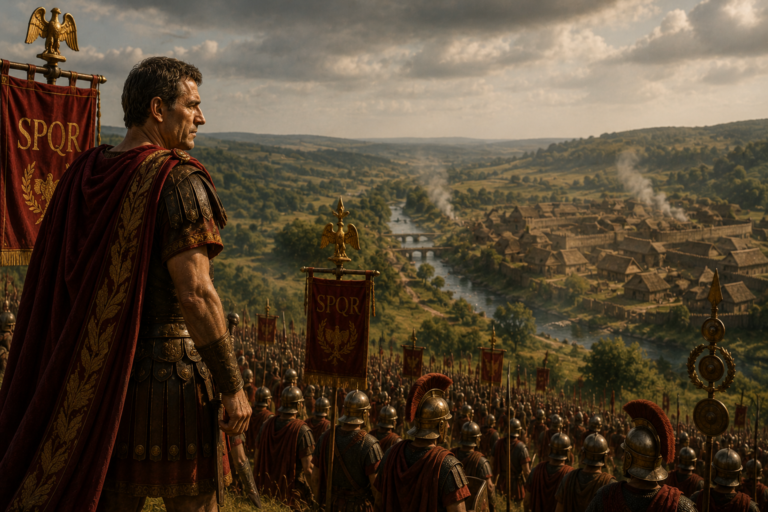 Julio César al frente de sus legiones durante la conquista de las Galias